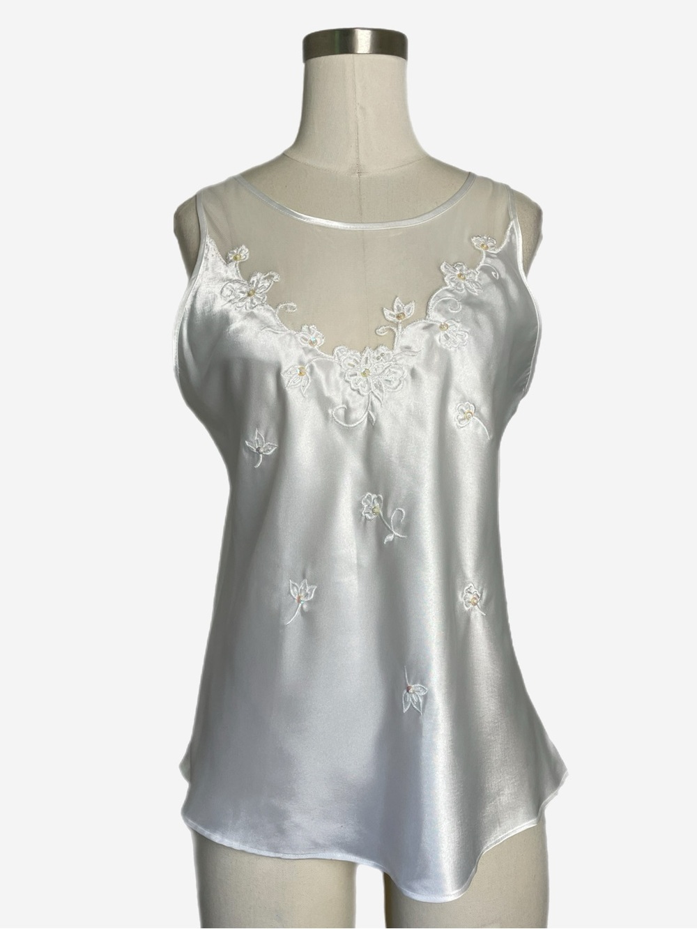 Unbranded White satin floral embroidery sequin mesh sheer chemise cami bridal M